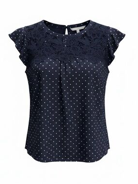 LOFT navy/white polka dot sleeveless top, cap sleeve, crochet bodice size S
